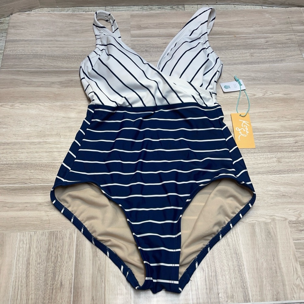 Kona Sol Small 4-6 Navy Blue & White V-Neck Full Coverage 1 Piece Swimsuit NWT